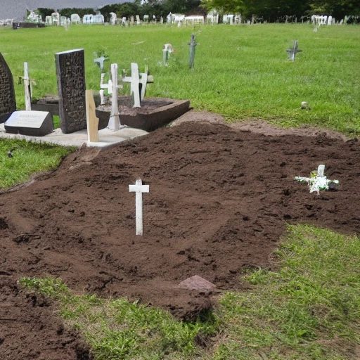 Picture divided in two, mud hut on the right, grave on the left, Cartoon