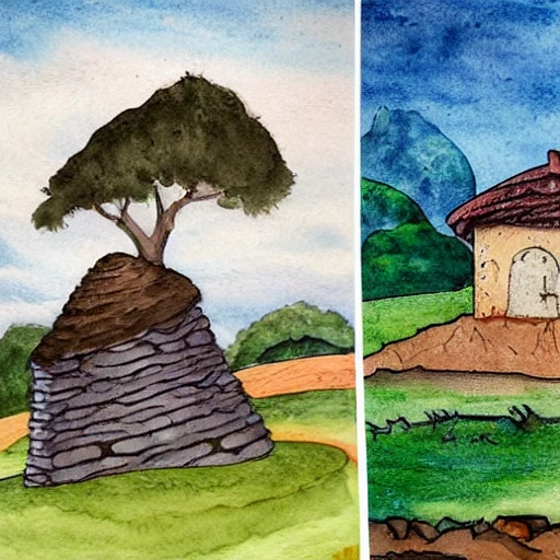 Picture divided in two halves, mud hut on the right, stone drilled in the ground on the left, Cartoon, Water Color, Oil Painting,