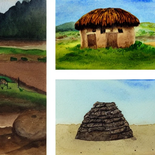 Picture divided in two halves, mud hut on the right, a small stone drilled in the ground on the left, Water Color, Oil Painting,