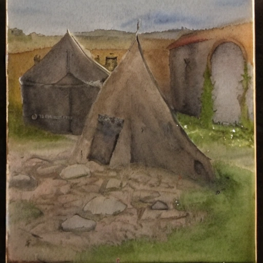 Mediaeval tent on the left, a small stone stuck in the ground on the right, Water Color, Oil Painting,