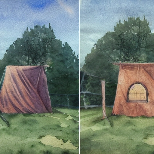 Picture divided in two halves, Mediaeval tent on the left, a small stone stuck in the ground on the right, Water Color, Oil Painting,