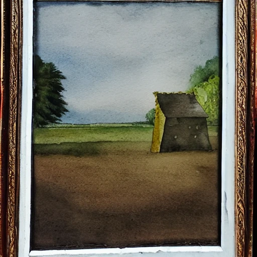 Picture divided in two halves, Mediaeval tent on the left, a small stone stuck in the ground on the right, Water Color, Oil Painting,