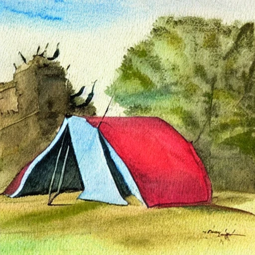 Picture divided in two halves, Mediaeval tent on the left, a small stone stuck in the ground on the right, Water Color, Oil Painting,, Cartoon