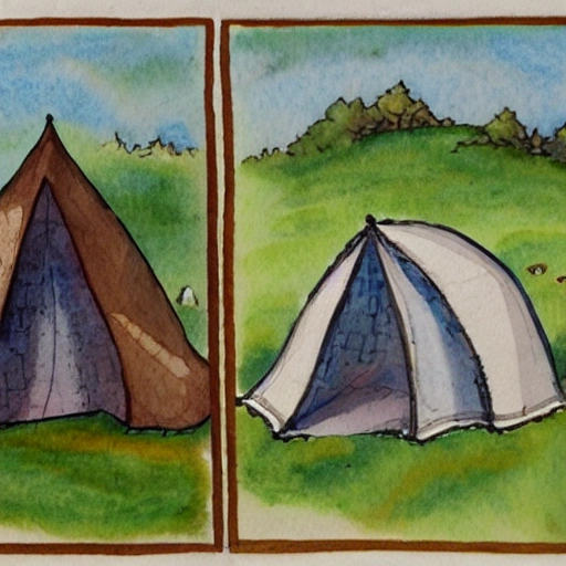 Deciding between a Mediaeval tent on the left, a small stone stuck in the ground on the right, Water Color, Oil Painting,, Cartoon