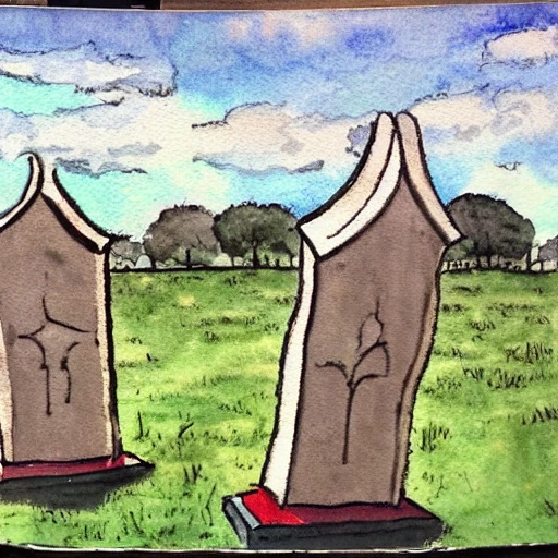 Deciding between a Mediaeval tent on the left, a tombstone on the right, Water Color, Oil Painting,, Cartoon