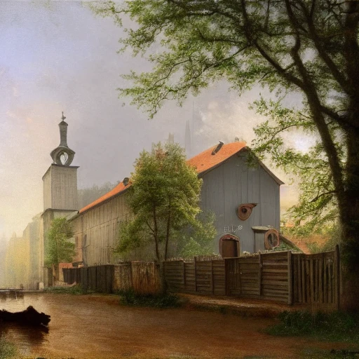 a nice little gray mouse working in a victorian cheese factory in augsburg, it is spring, the trees and flowers are flowering on the sidewalks by albert bierstadt, magic realism, narrative realism, beautiful matte painting, heavenly lighting, retrowave, 4 k hd wallpaper h 7 2 0 