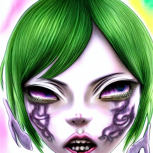 Junji ito tomie realistic, realistic anime girl,  hyperealistic airbrush skin, textured hair, shiny hair,  big lips, full lips, detailed eyes, haunted house background, colorful, elf goddess, nana anime, elfin lied, realistic anime girl, light green skin, red glowing eyes, beautiful, jjba doppio frog phone