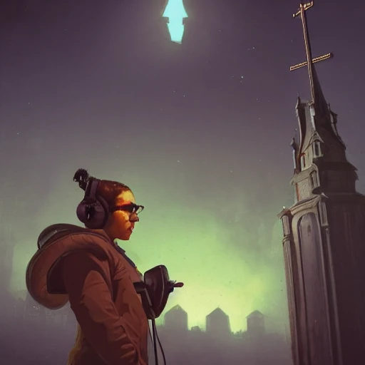 an overwatching female with headphones on, in front of a streetlit church in an urban empty city, in the style of john harris, in the style of emil melmoth in marlon brando and marc simonetti --hd --uplight 