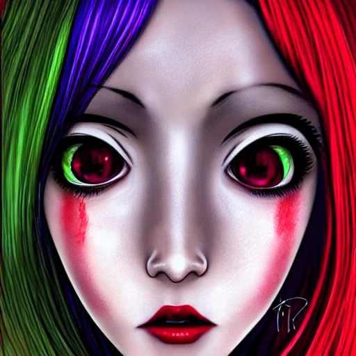 Junji ito tomie realistic, realistic anime girl,  hyperealistic airbrush skin, textured hair, shiny hair,  big lips, full lips, detailed eyes, haunted house background, colorful, elf goddess, nana anime, elfin lied, realistic anime girl, light green skin, red glowing eyes