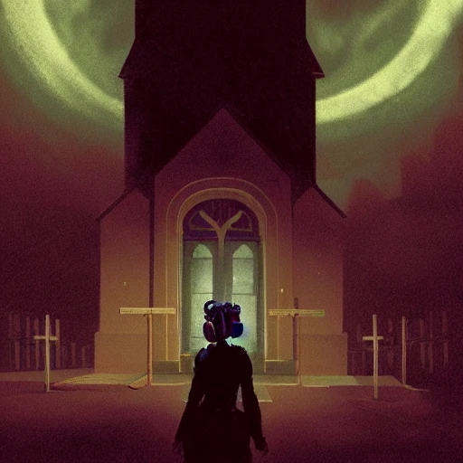 an overwatching female with headphones on, in front of a streetlit church in an urban empty city, in the style of john harris, in the style of emil melmoth in marlon brando and marc simonetti --hd --uplight 