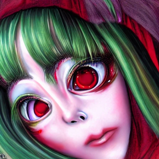 Junji ito tomie realistic, realistic anime girl,  hyperealistic airbrush skin, textured hair, shiny hair,  big lips, full lips, detailed eyes, haunted house background, colorful, elf goddess, nana anime, elfin lied, realistic anime girl, light green skin, red glowing eyes, beautiful