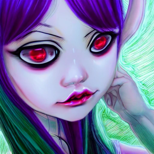 Junji ito tomie realistic, realistic anime girl,  hyperealistic airbrush skin, textured hair, shiny hair,  purple hair, big lips, full lips, detailed eyes, haunted house background, colorful, elf goddess, nana anime, elfin lied, realistic anime girl, light green skin, red glowing eyes, beautiful