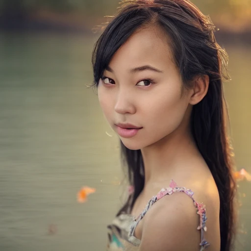 closeup portrait of 1 pure young asian
 girl, standing by a river in the spring season with flowers, pale kin, under god rays, windblown long grey wavy hair, perfect naked breast, detailed face, exact proportoin, soft cinematic lighting, muted colors, hyperrealistic, 8k, octane render,