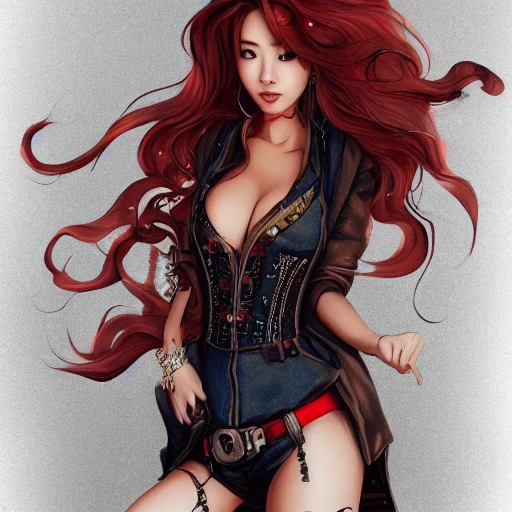  full body 
portrait of a sexy asian girl, windblown red wavy hair, steampunk city in the background, professional studio lighting, very detailed, 8k, trending on artstation, , Pencil Sketch