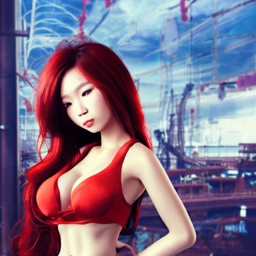  full body 
portrait of a sexy asian girl, windblown red wavy hair, steampunk city in the background, professional studio lighting, very detailed, 8k, trending on artstation, , photo realistic
