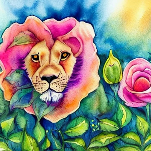  lion juda dreaming in a beautiful happy in the flower field rose romantic  in harmony with nature, sunset Beautiful light. Water and plants. Nice colour scheme, soft warm colour. Beautiful detailed watercolor 
