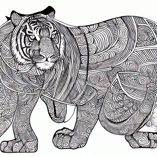 a tiger surrounded by the universe, wide shot, coloring page illustration, adult coloring book, high detail, Pencil Sketch,

