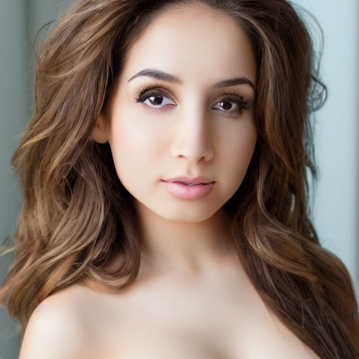 a portrait of female a portrait of a gorgeous pokimane, realistic, full body shot, sharp focus, 8 k high definition, insanely detailed, intricate, nude foto, no clothes, two arms, vagina visible, nice face, nice hair, all skin visible, nice slim body, medium size boobs, nice brown hair, boobs are in the portrait, nippels visible