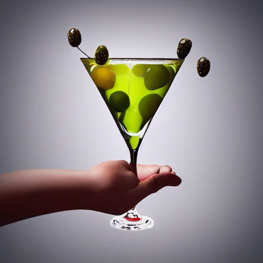 a hand holding a martini glass with olives in it, a stock photo by Hedi Xandt, behance contest winner, transgressive art, behance hd, pop art, rendered in cinema4d,