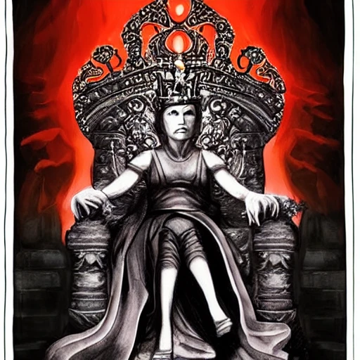 The queen emerges from the darkness and seats herself at her throne,one made of flesh and stone..she looks down at all she has taking pride over her beings and wealth she had gained,only soon to be slayed by the one who dared to take his sword against her,to bring justice towards this barren and dark land..