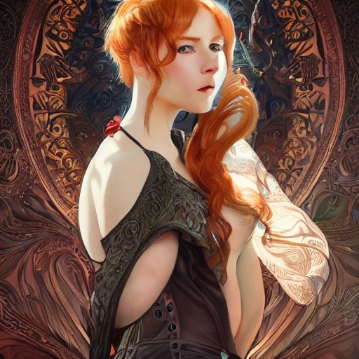 cheaky ginger, confident, bold, passionate , seductive, expressive, charismatic, very sweaty, intricate fashion clothing, insane, intricate, highly detailed, digital painting, artstation, concept art, smooth, sharp focus, illustration, Unreal Engine 5, 8K, art by artgerm and greg rutkowski and alphonse mucha