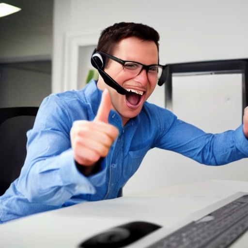 a telemarketer celebrating a sale with his fist raised
