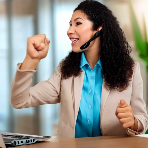 a young woman telemarketer celebrating a sale with her fist raised
