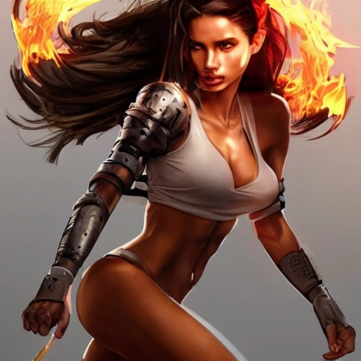 mdjrny-v4 style, soccer player, dynamic pose; Artgerm, Wlop, Greg Rutkowski; the perfect mix of Emily Ratajkowski, Ana de Armas, Angelina Jolie and Adriana Lima as a warrior princess; highly detailed tan skin; beautiful long hair, extremely detailed eyes; low-cut black leather top; wielding a trophy; Flames in the background; Lumen Global Illumination, Lord of the Rings, Game of Thrones, Hyper Realistic, Hyper Detailed, 8k,