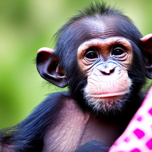 A very happy pink chimpanzee cub inside a television

