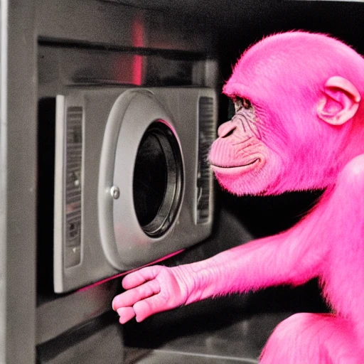 A very happy pink chimpanzee cub inside a television, pizar style


