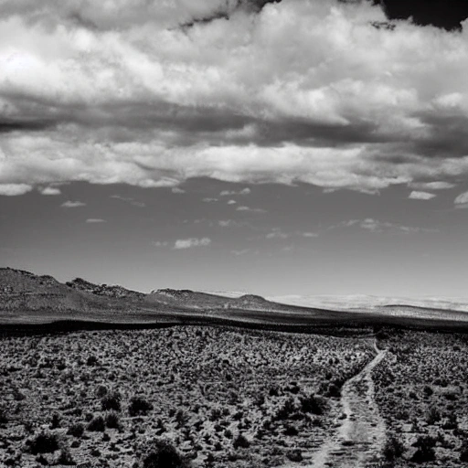 foto blanco y negro - filtro rojo - toma desde el piso - camino desierto - arboles secos - clima hostil - iluminacion dramatica - cielo tormentoso - nubes negras - vision invernal -
