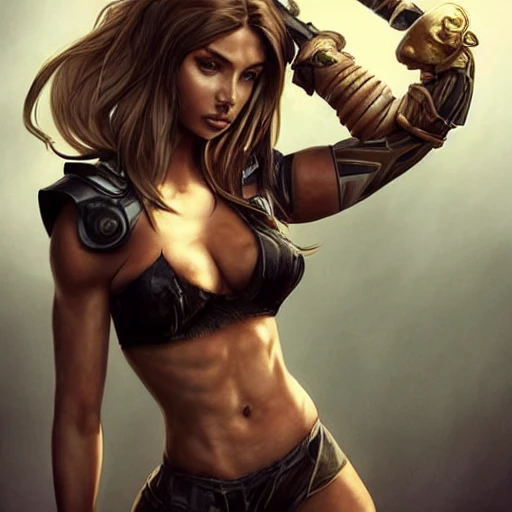 ciberpunk, soccer player, dynamic pose; Artgerm, Wlop, Greg Rutkowski; the perfect mix of Emily Ratajkowski, Ana de Armas, Angelina Jolie and Adriana Lima as a warrior princess; highly detailed tan skin; beautiful long hair, extremely detailed eyes; low-cut black leather top; wielding a trophy; Flames in the background; Lumen Global Illumination, Lord of the Rings, Game of Thrones, Hyper Realistic, Hyper Detailed, 8k,

