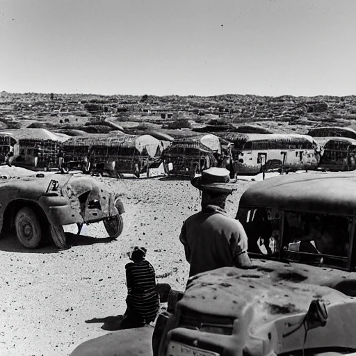 In the year 1939 - four british empire's buses, and colonial army, lost in desert, old tents, camps, sick people, tribals, colonial slaves, 150 survivors, crowd, huge cactus, desert plants,  help, wait for help, desert cactus, shrubs, sunny, sahdows, wide, dust, in sahara desert, dunes, sandstorms, madagaskar baobab trees, sunny, technicolor, painting by ultra realistic, concept art, intricate details, eerie, highly detailed, photorealistic, octane render, 8 k, unreal engine. by aenaluck and roberto ferri and greg rutkowski, epic fantasy, digital painting., Surrealist, Visual Novel, Dynamic Lighting, Warm Color Palette