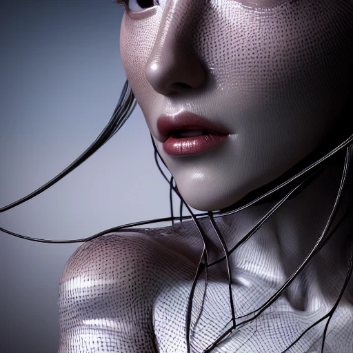 closeup portrait of a beatiful woman, a porcelain face and head, robotic parts, hentai, cable electric wires, hyperrealistic, fantasy, octane render, intricate, concept art, 8k, professional studio lighting