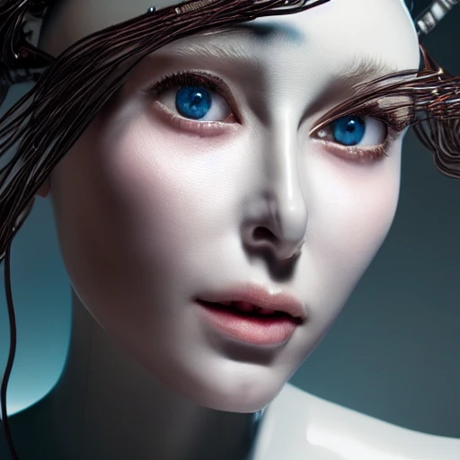 closeup portrait of a beatiful woman, a porcelain face and head, robotic parts, hentai, cable electric wires, hyperrealistic, fantasy, octane render, intricate, concept art, 8k, professional studio lighting in the new york
