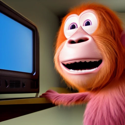 A very happy pink orangutan cub inside a television, pixar style