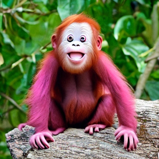 A very happy pink orangutan cub, pixar style