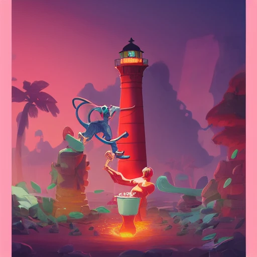 hero world atari, pink orangutan as seller and shaking detailed lighthouse miniature as shaker for make cocktails at bar, behance hd by jesper ejsing, by rhads, makoto shinkai and lois van baarle, ilya kuvshinov, rossdraws global illumination