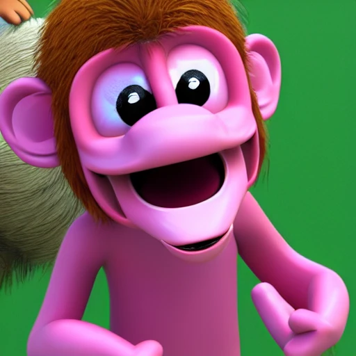 a pink jumping monkey, with a very cheerful smile , 3D, realistic

