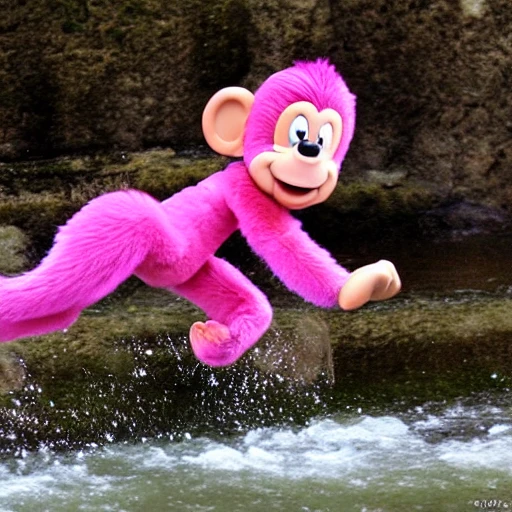 disney style, pink monkey, jumping in the river