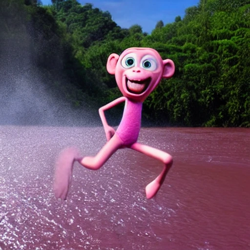 pixar style, pink monkey, jumping in the river