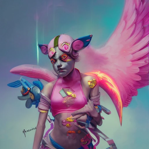 pink monkey as superhero with graffiti outfit, colorful, neon, angel, fantasy, dramatic lighting, highly detailed, digital painting, holding electricity, magic the gathering, hyper detailed, 3d render, hyper realistic detailed portrait, peter mohrbacher, wlop, ruan jia