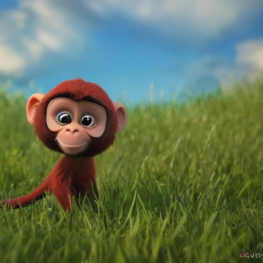 Pixar style little monkey, grassland in the background, blurry background, 8k, unreal engine, octane render, photography by cosmicwonder, hyper detailed, intricate, sharp focus, symmetrical face, soft volumetric lighting, octane render, 4k, 24mm, high quality, ultra realistic