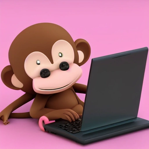 smiling soft friendly pink monkey with a computer thinking about money in a ideal place, happu, kid friendly, 3D