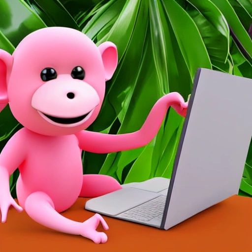 smiling soft friendly pink monkey with a computer thinking about money in a ideal tropical place, happy, friendly eyes, animated, kid friendly, 3D