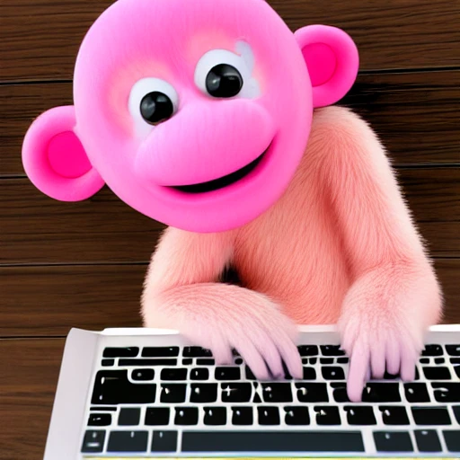 smiling soft furr friendly pink monkey with a computer thinking about money in a ideal tropical place, happy, friendly eyes, animated, kid friendly, 3D