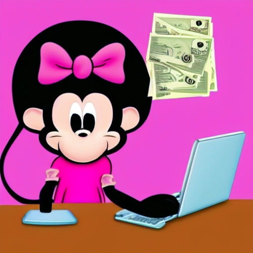 disney style pink monkey long hair smiling friendly with a computer thinking about money with big eyes