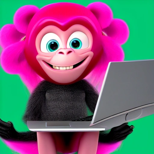 monkey with long pink hair smiling friendly with a computer thinking about money with big eyes, pixar style, animation, jumping, happy, laughing