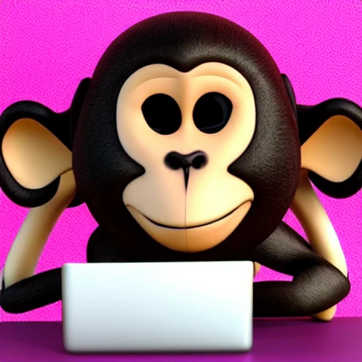 monkey with long pink hair smiling friendly with a computer thinking about money with big eyes, pixar style, animation, jumping, happy, laughing, girl