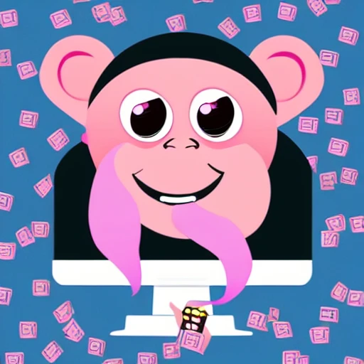 monkey with long pink hair smiling friendly with a computer thinking about money with big eyes, pixar style, animation, jumping, happy, laughing, girl, long lashes with makeup